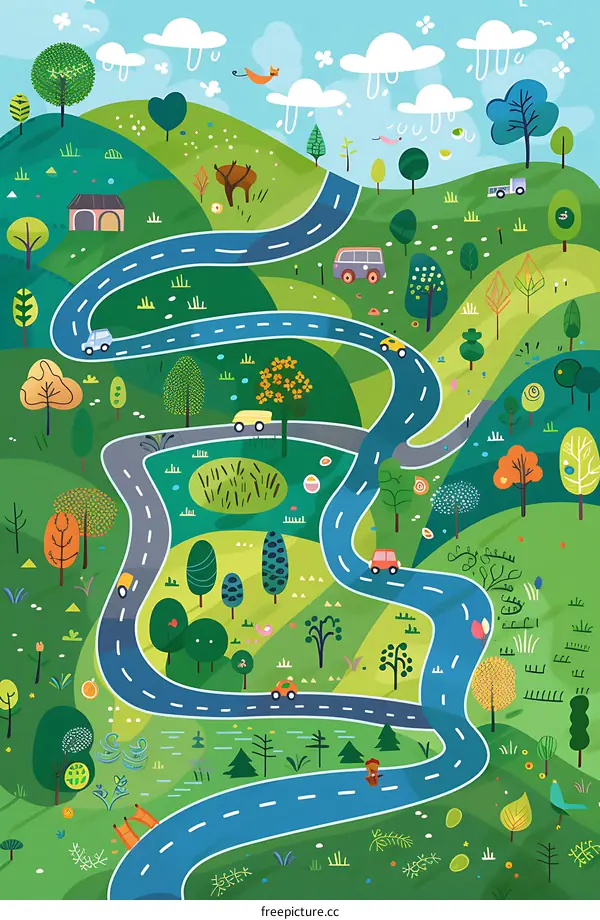 Winding Road Through Green Fields and Lush Forests