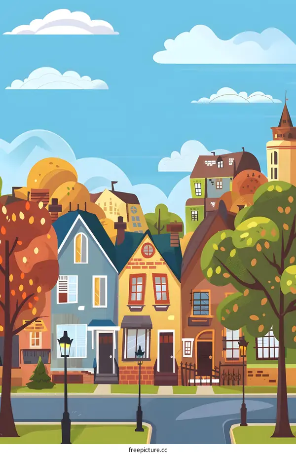 Cartoon Illustration of Colorful Houses on a Street with Trees