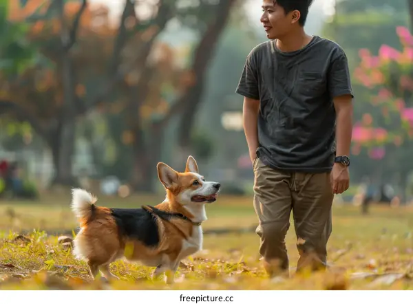 A man and his corgi are walking in the park