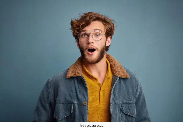 Surprised Man in Denim Jacket