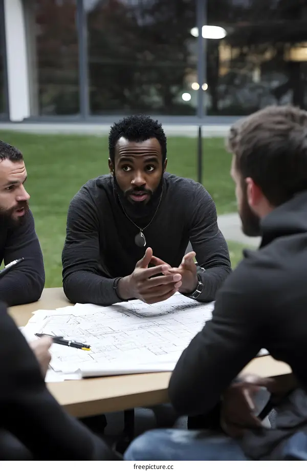 Business Meeting At a Table With Blueprint