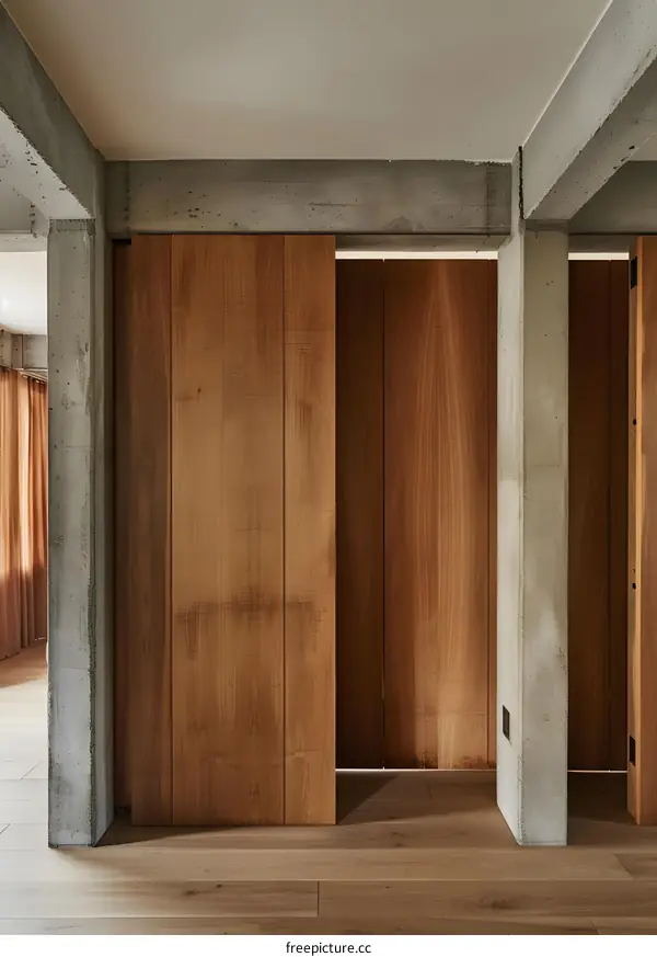 Modern Minimalist Interior Design With Wooden Panels And Concrete Pillars