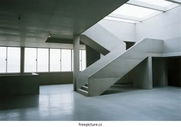 Concrete Staircase with Skylight in Minimalist Interior Space