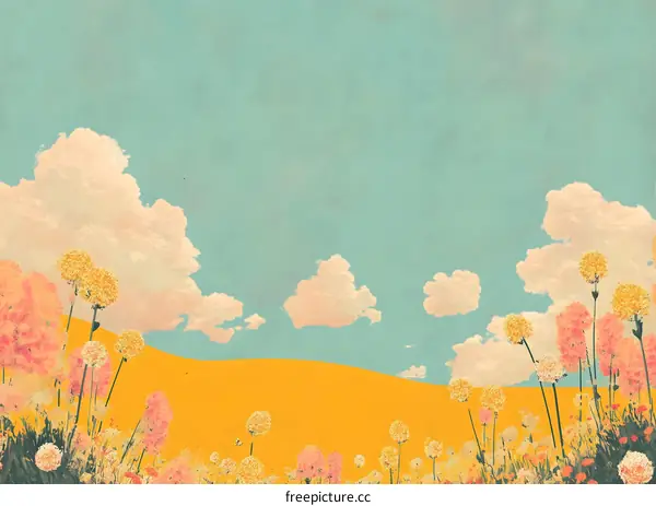 Vintage Illustration of Summer Meadow with Clouds