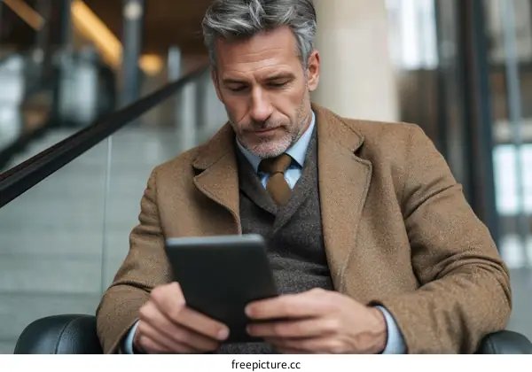 Businessman using digital tablet in modern indoor setting