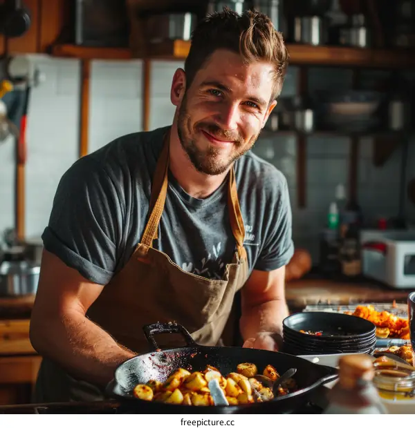 Confident male chef in apron holding pan with potatoes in kitchen