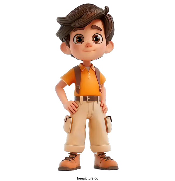 [Transparent Background PNG]Smiling Cartoon Boy in Orange Shirt and Khaki Pants