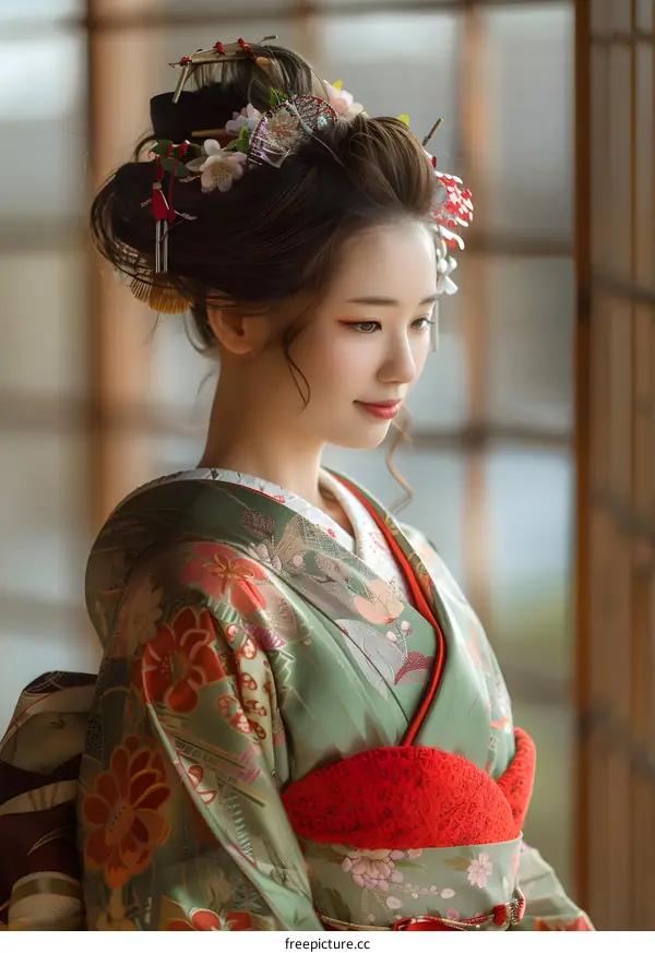 Portrait of a Japanese woman wearing a kimono