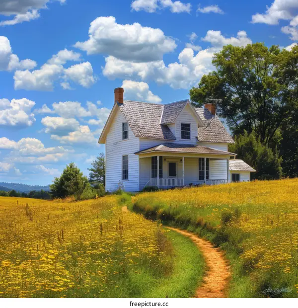 White Farmhouse in a Lush Green Field