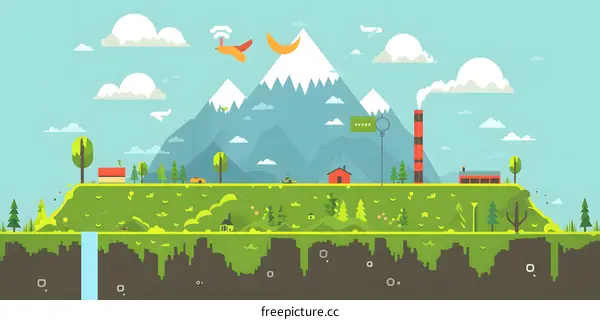 Cartoon Landscape with Mountains, Trees and Factory