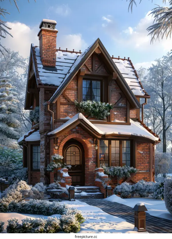 A charming cottage nestled in a snowy forest