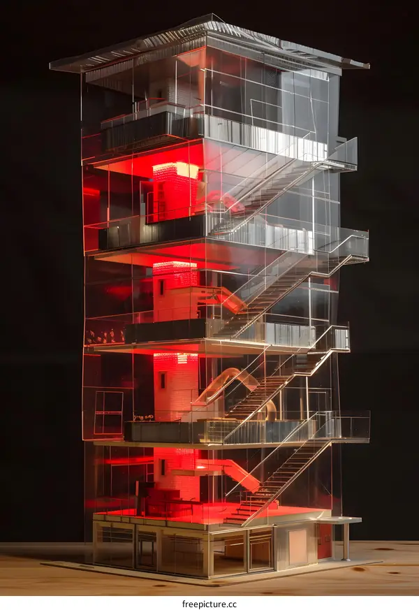 Glass Building Model with Red Lighting