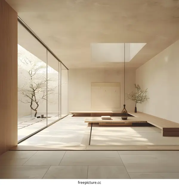 Minimalist Japanese Style Living Room Interior Design With Skylight