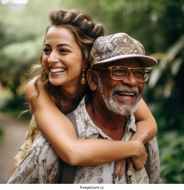 Happy smiling woman piggybacking on senior man in woods