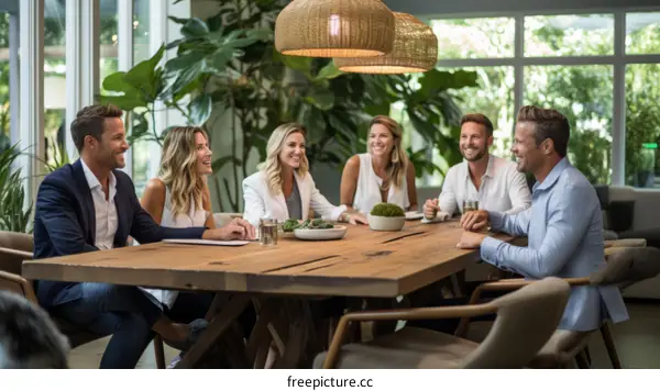 A group of people are sitting around a table and talking