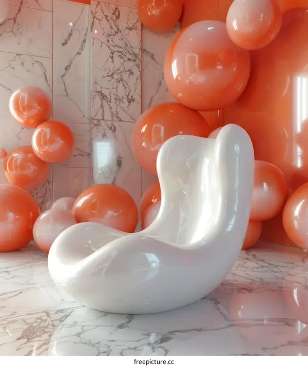 Modern Minimalist White Chair with Orange Spheres in a Marble Room