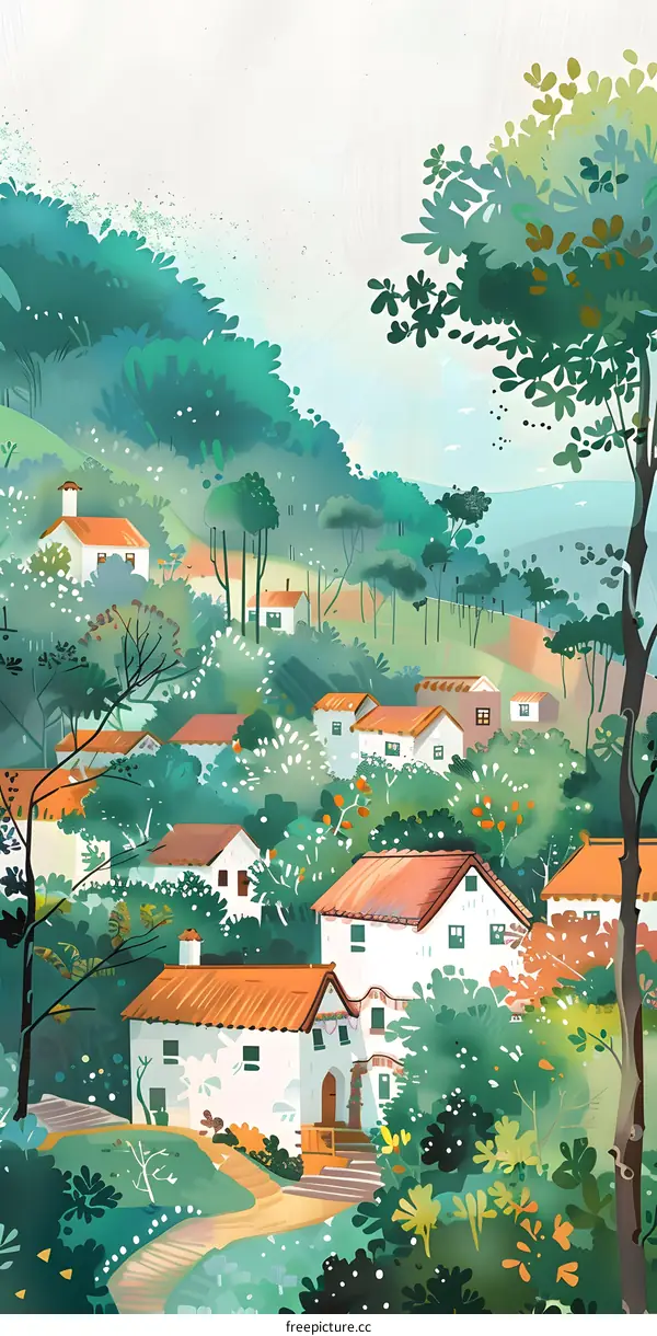 Beautiful Illustration of a Small Village on a Hill