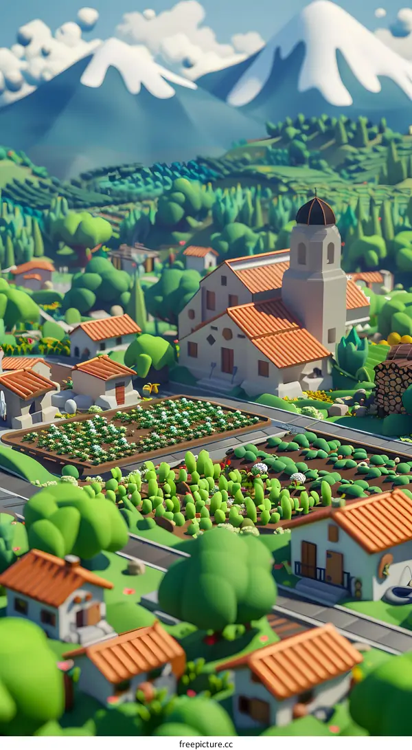 Low Poly 3D Illustration Of Village With Church In The Mountains