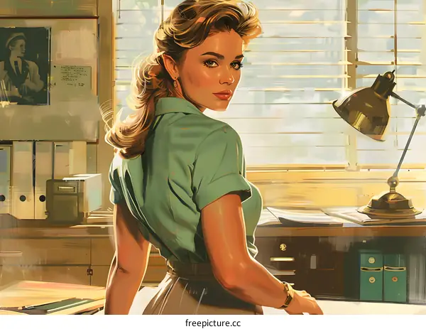 A beautiful woman standing in an office.