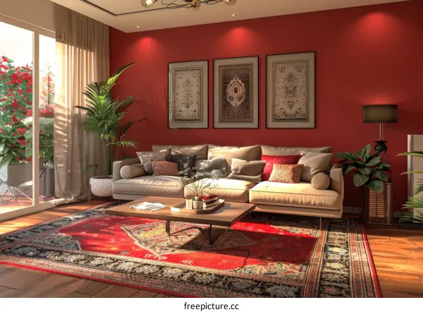 Modern Cozy Living Room with Red Wall and Green Plants
