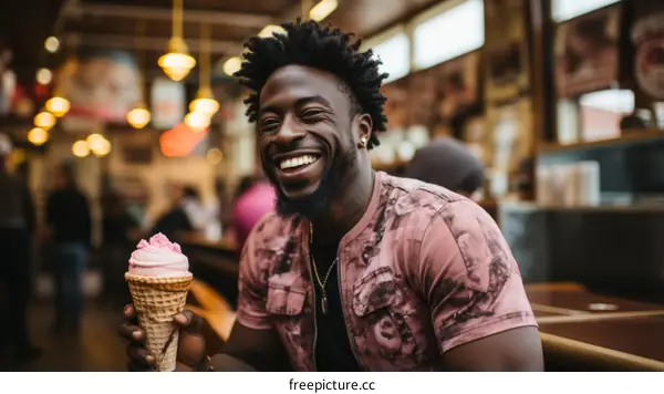 A smiling man holding an ice cream cone in a restaurant