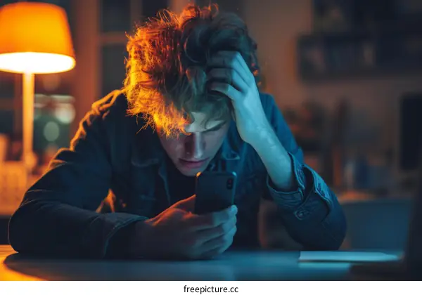 Young male looking at his phone with a worried expression
