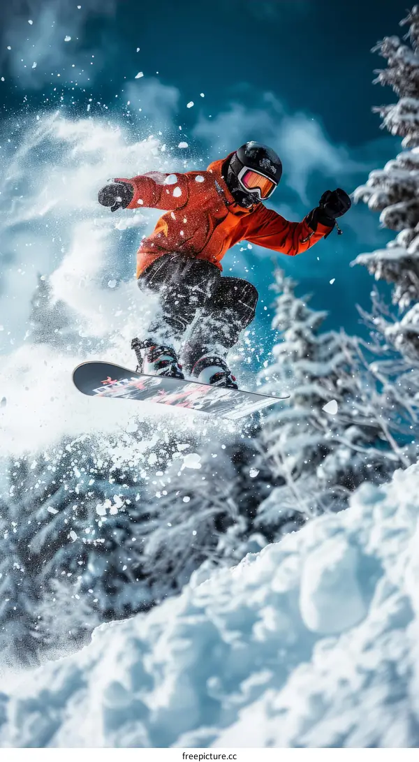 A snowboarder jumps over a snowy mountain