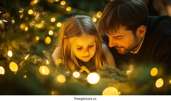 Father and Daughter Exploring Christmas Lights