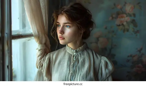 portrait of a beautiful young woman in a vintage dress looking out the window