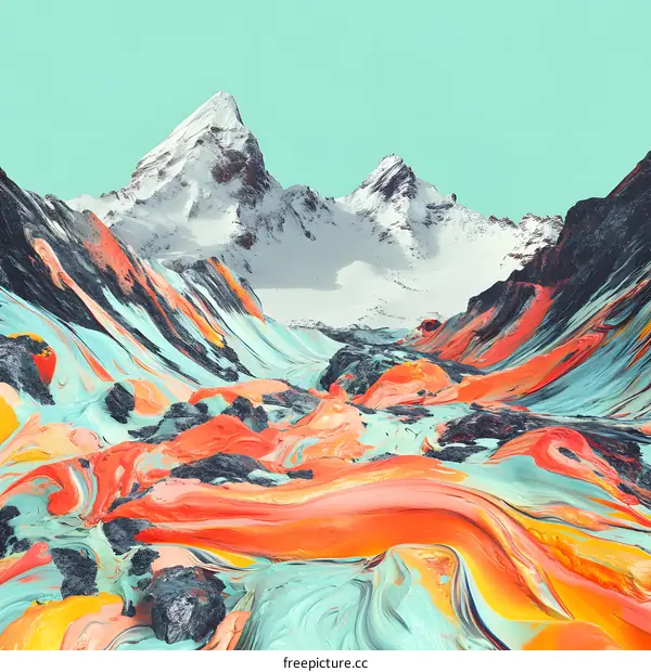 Abstract Mountain Landscape with Swirling Paint