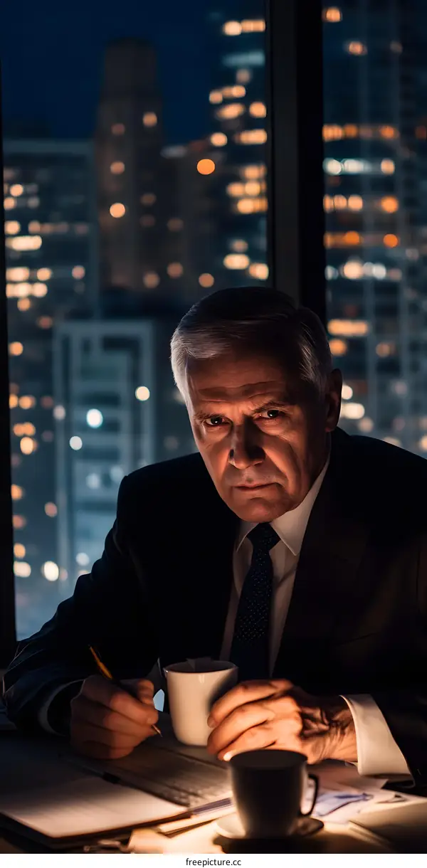Businessman Working Late at Night in Office with City View
