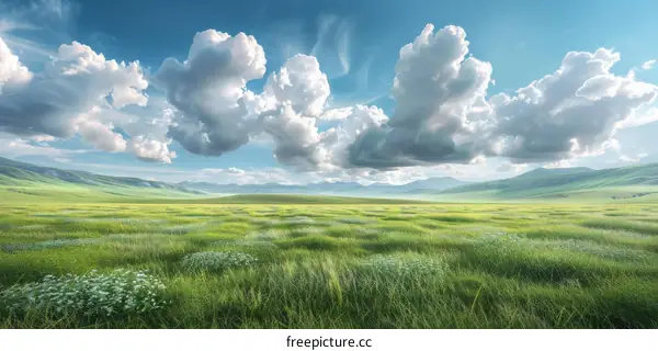 Vast Green Meadow Under a Cloudy Sky