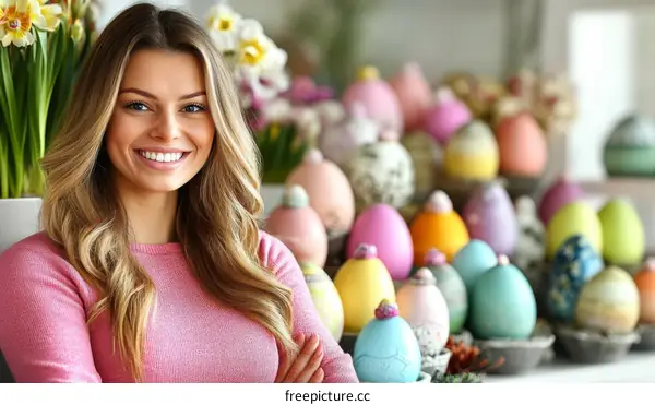 Smiling Woman with Colorful Easter Eggs Background