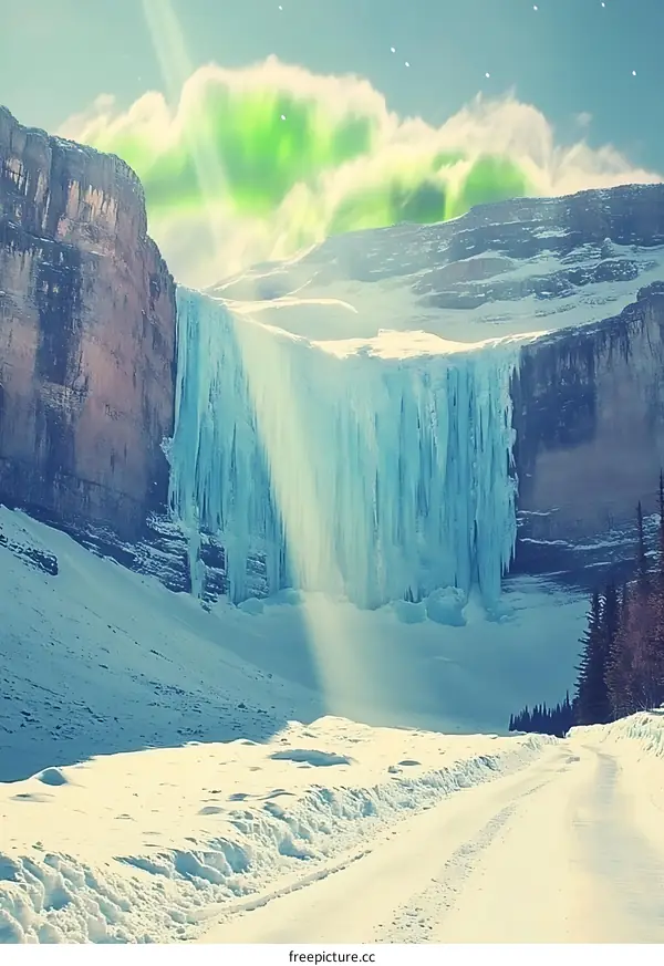 Frozen Waterfall in Winter Landscape With Aurora Borealis