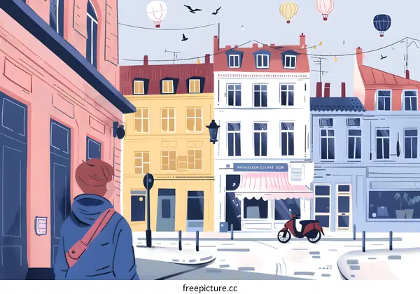 Person Walking Down a Street in City with Hot Air Balloons