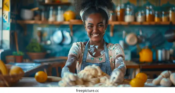 Flour-covered black woman kneading dough on a wooden table