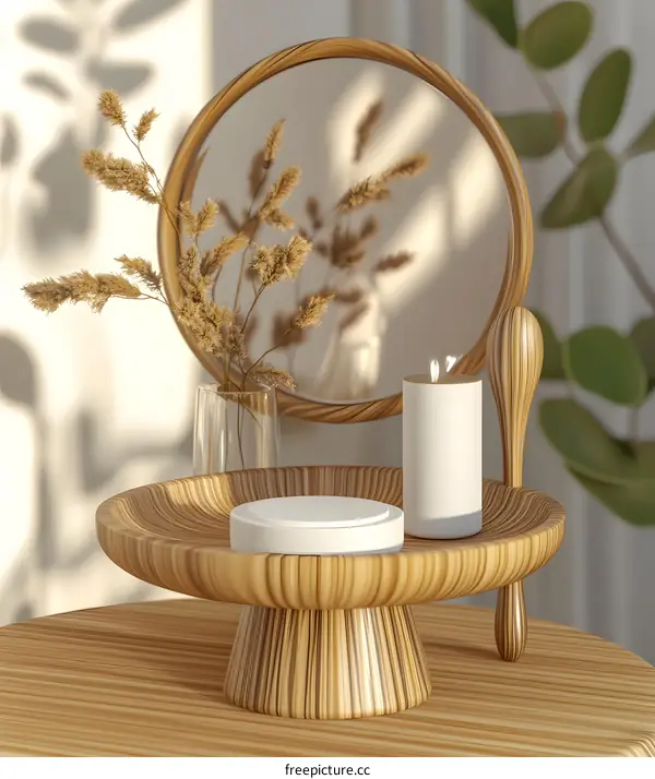 Wooden Tray With Candle And Dried Flowers