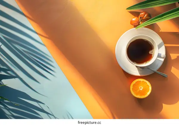 Orange Slice, Coffee Cup and Palm Leaves Shadow on Color Background