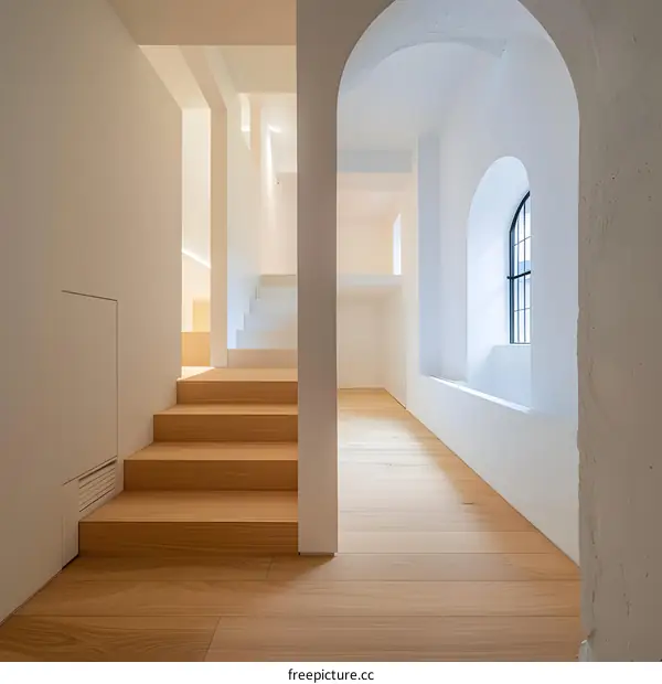 Modern Minimalist Interior Design with Wooden Stairs and White Walls