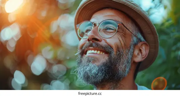 Smiling Senior Man in a Hat and Glasses Outdoors