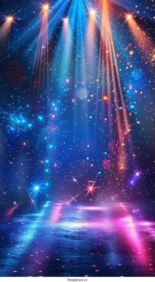 Blue and purple lights on the stage with shiny particles