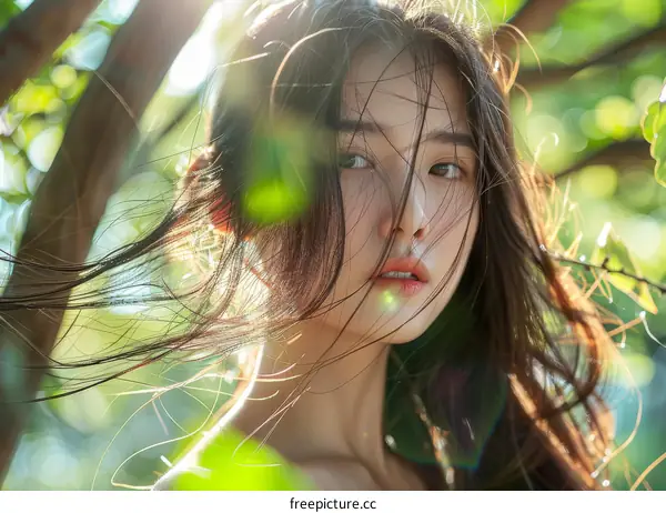 A beautiful Asian woman with long dark hair standing in a forest