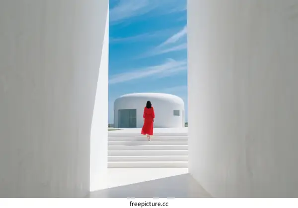 A woman in red standing in front of a modern white building under a clear blue sky