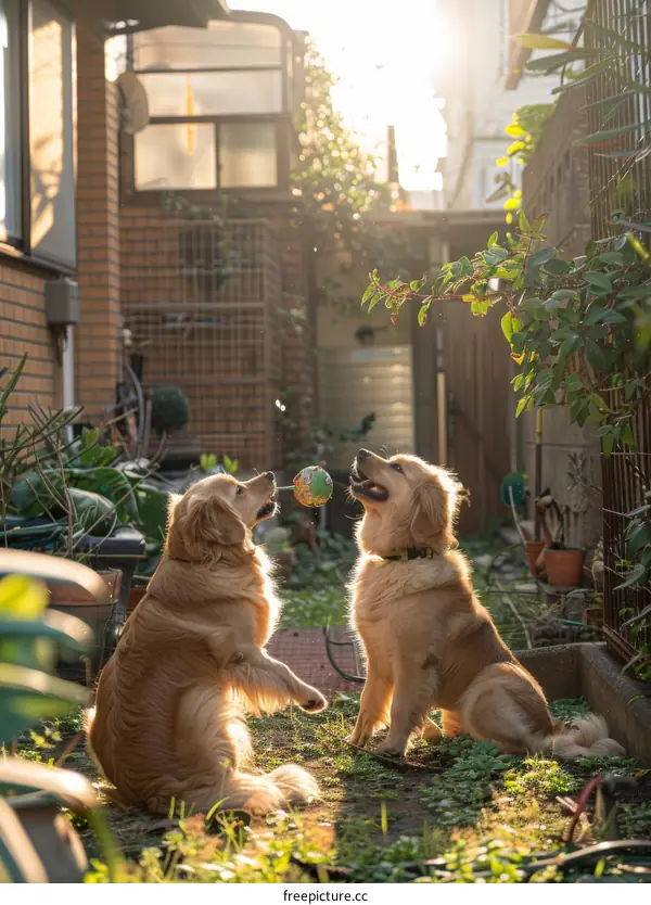 Two Golden Retrievers playing fetch in a backyard