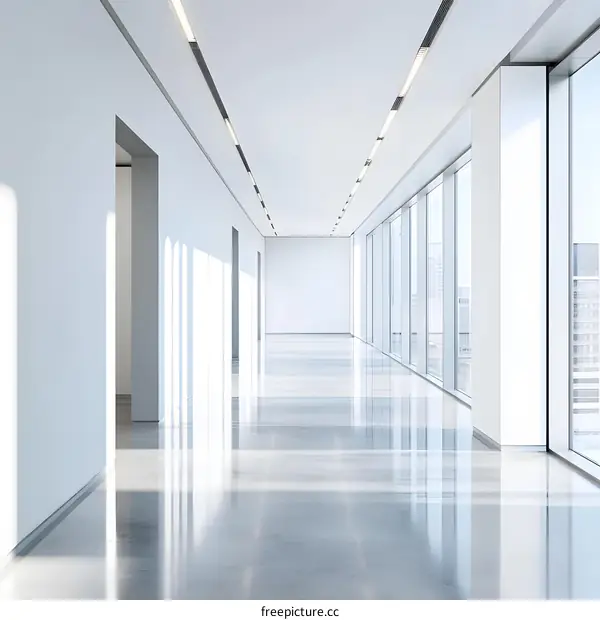 Modern White Office Corridor With Large Windows