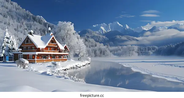 A winter wonderland with a snow-covered cabin near a frozen lake and snow-capped mountains in the distance