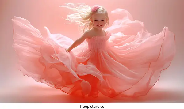 Little Girl In Pink Dress With Flowing Skirt
