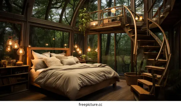 A cozy bedroom in a treehouse with a spiral staircase leading to a loft
