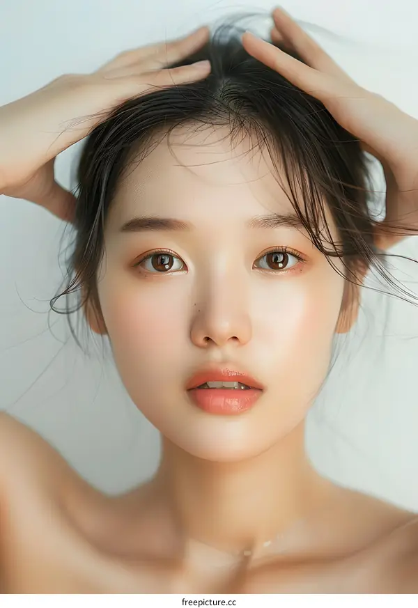 Portrait of a Young Asian Woman with Her Hands on Her Head