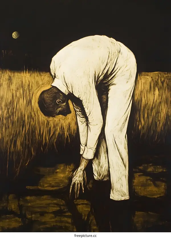 Man Bending Over in a Field at Night